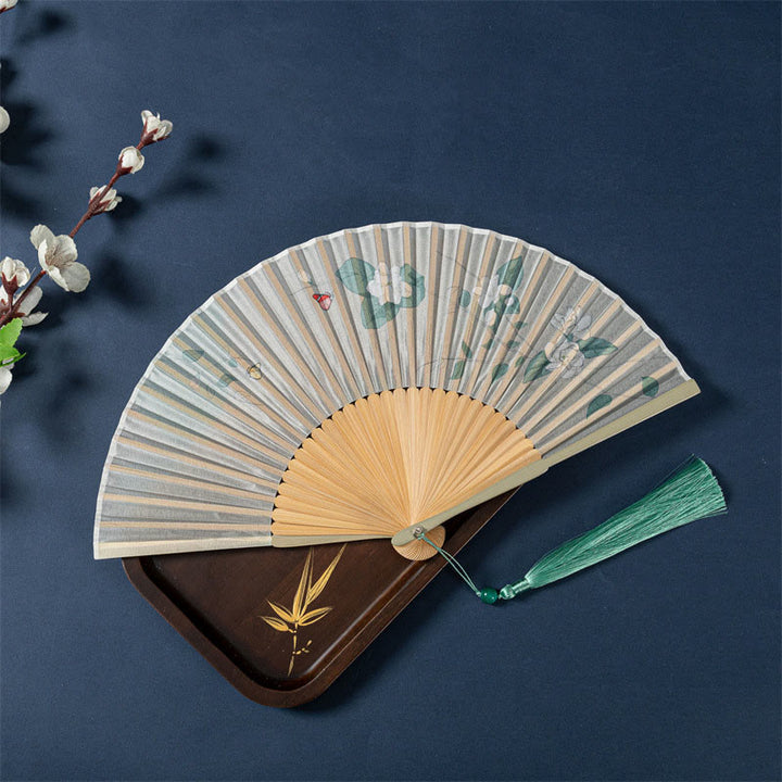 Abanico plegable de bambú de seda de mano con Buddha Stones , loto, flor de Begonia, jazmín, 21cm
