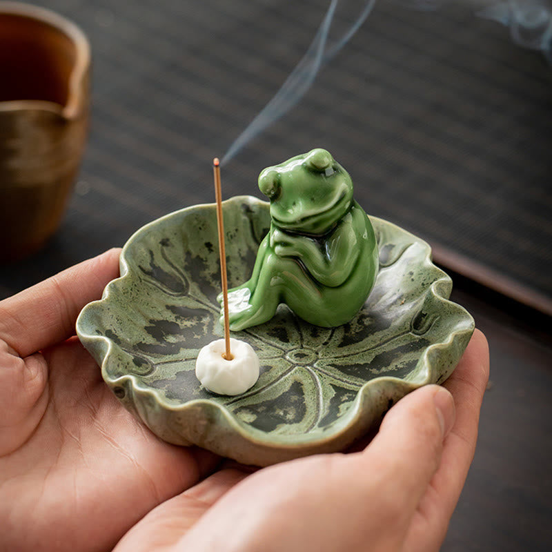 Quemador de incienso de cerámica curativo con patrón de rana para meditación de hojas de Buddha Stones, decoración