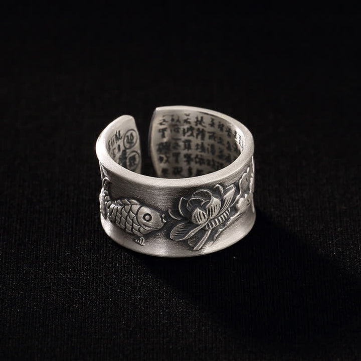 Anillo de plata de ley 999 con diseño de corazón de loto y pez koi de la suerte