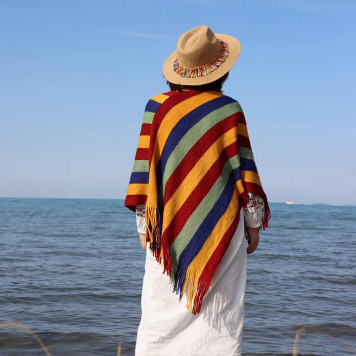 Bufanda de viaje acogedora para invierno con diseño de rayas tibetanas de Buddha Stones, chal con borlas