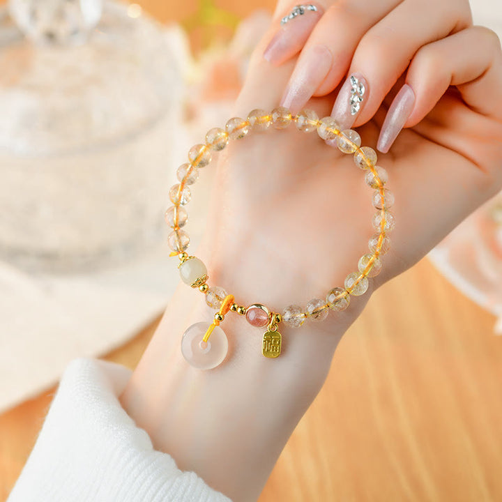 Pulsera de riqueza con dije de hebilla de paz con carácter Fu de Cuarzo rutilado dorado Natural con Buddha Stones