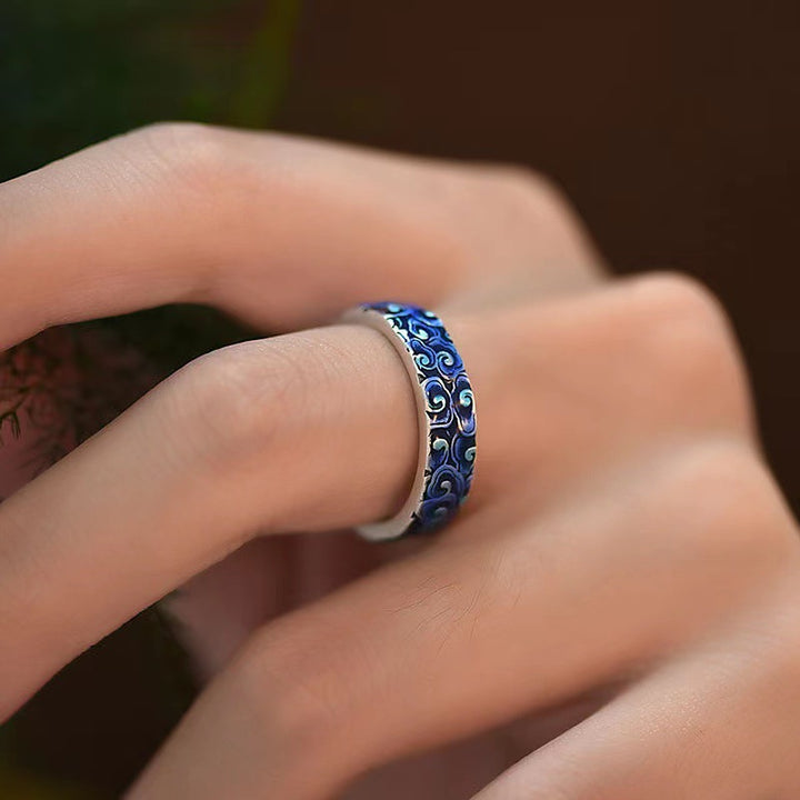 Anillo ajustable de cobre curativo con diseño de nubes auspiciosas azules con Buddha Stones