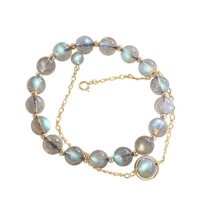 Pulsera de amor curativa con piedra lunar natural chapada en oro de 14 quilates con Buddha Stones