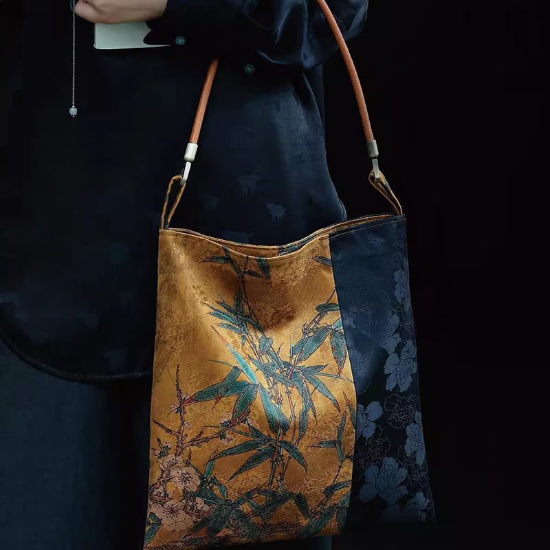 Bolso de hombro con Buddha Stones, hojas de bambú, flor, mariposa, caqui