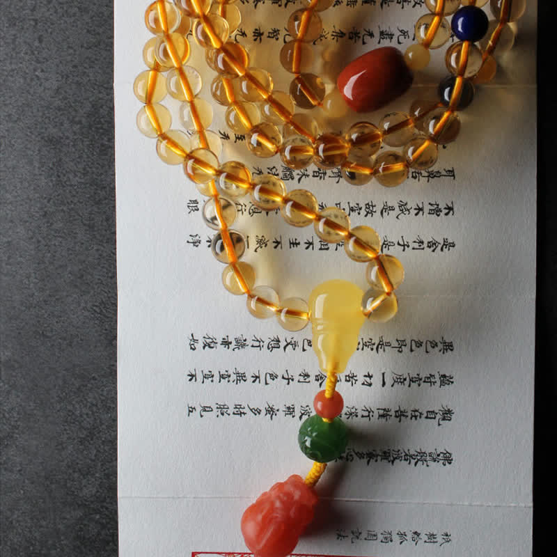 108 cuentas de Mala, citrino Natural, ámbar, hebilla de la paz, ágata roja, pulsera de protección PiXiu