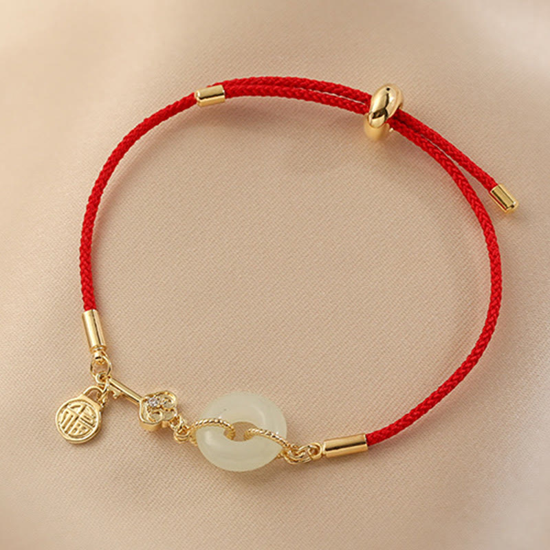 Pulsera de cuerda roja con hebilla de paz de jade hetiano chapado en oro de 18 quilates con Buddha Stones