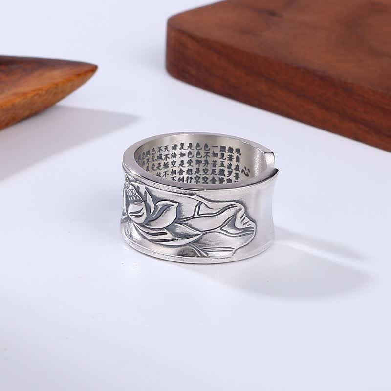 Anillo de protección Sutra de corazón de flor de loto de plata de ley 999 con Buddha Stones