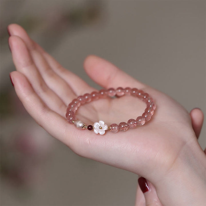 Pulsera de amor con Buddha Stones, cuarzo fresa, flor de melocotón