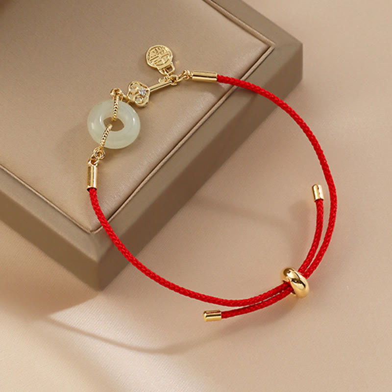 Pulsera de cuerda roja con hebilla de paz de jade hetiano chapado en oro de 18 quilates con Buddha Stones