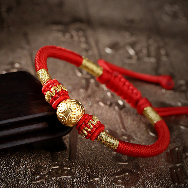 Pulsera de hilo con cuentas de la suerte, protección de monedas, cobre redondo, plata de ley 999, Buddha Stones