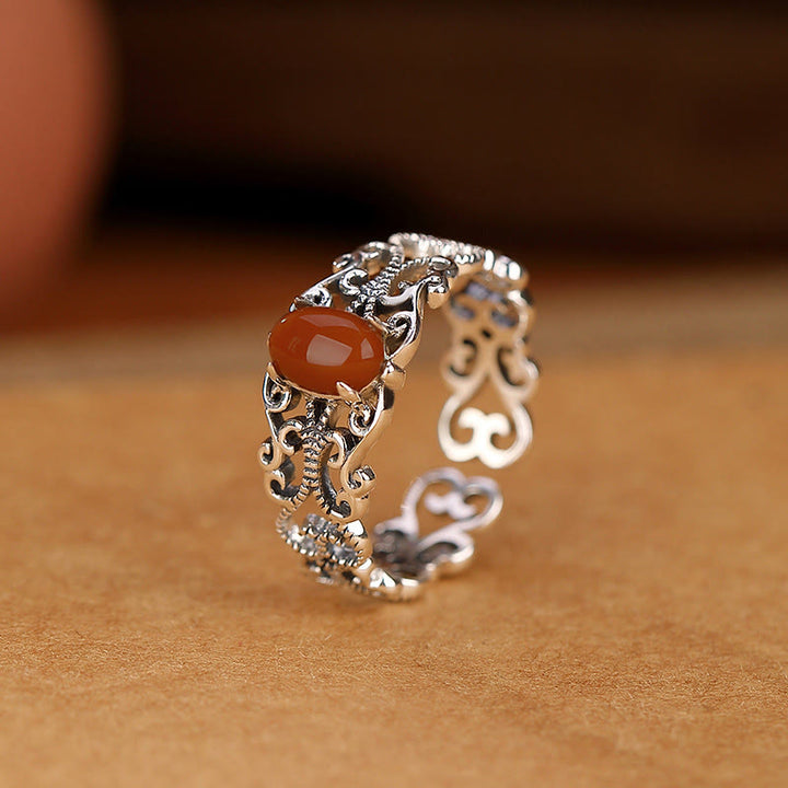 Anillo de calma de autoaceptación con ágata roja vintage de plata de ley 925 con Buddha Stones
