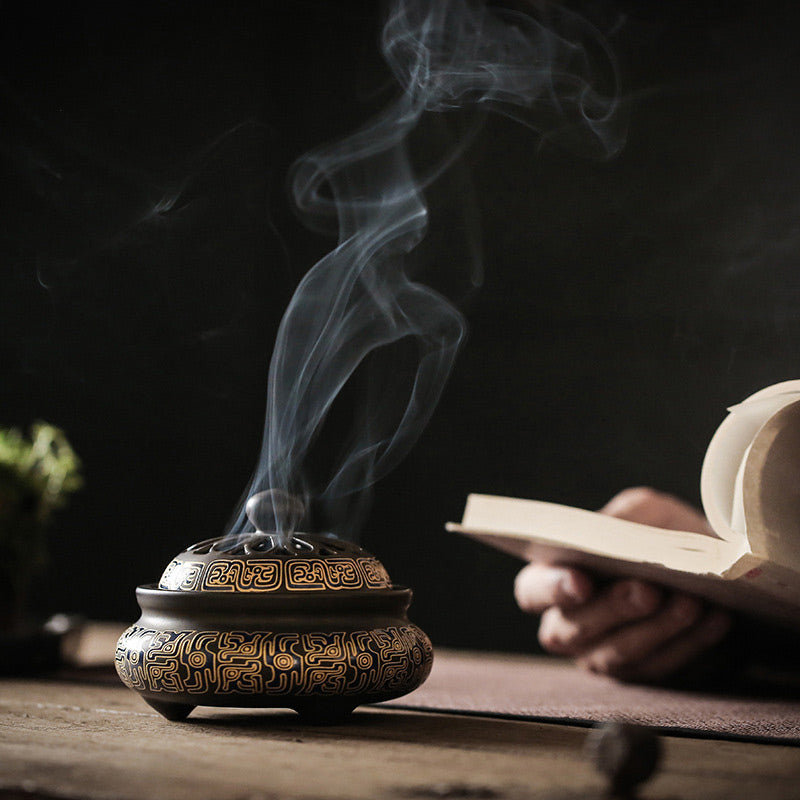 Quemador de incienso de cerámica para meditación, fuente de humo de reflujo con patrón Floral de dragón, decoración