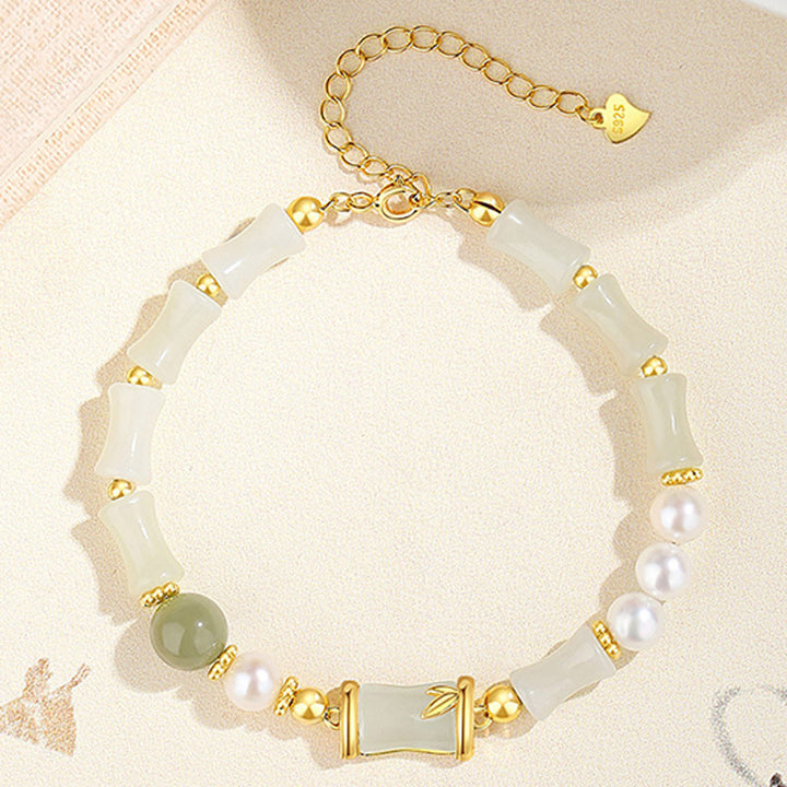 Pulsera de bendición de la suerte de bambú de jade blanco hetiano natural de plata de ley 925 con Buddha Stones
