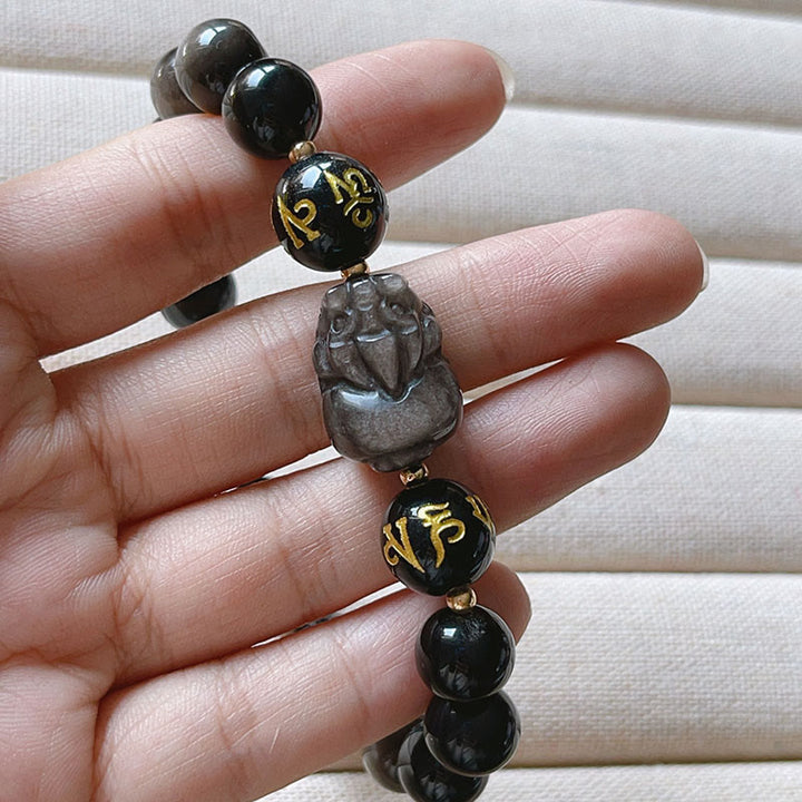 Buddha Stones Plata natural Brillo Obsidiana Obsidiana negra Om Mani Padme Hum Pixiu Pulsera de protección