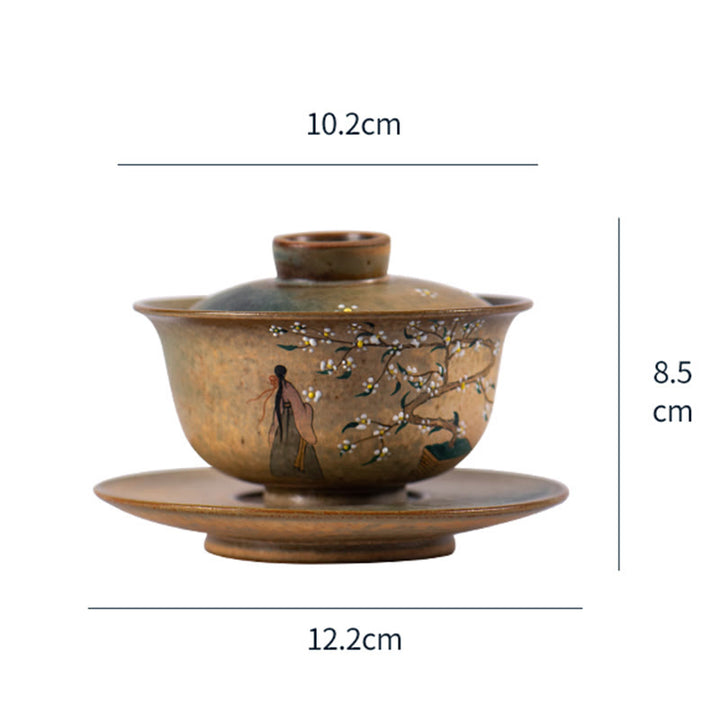 Buddha Stones Jingdezhen Pintado A Mano Ru Horno Porcelana Hanfu Niña Flor Cerámica Gaiwan Sancai Taza De Té Kung Fu Taza De Té Y Platillo Con Tapa