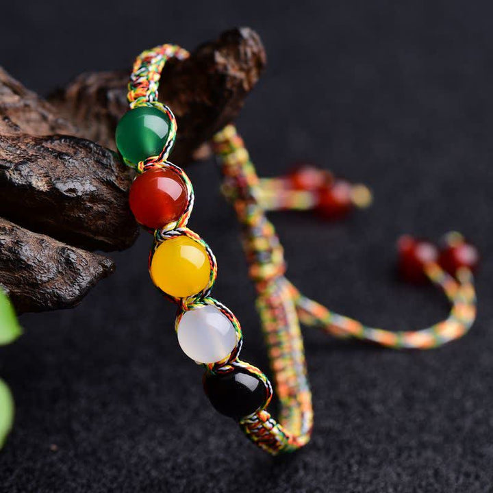 Pulsera de hilo de cinco elementos de ágata colorida, metal, madera, agua, fuego, tierra