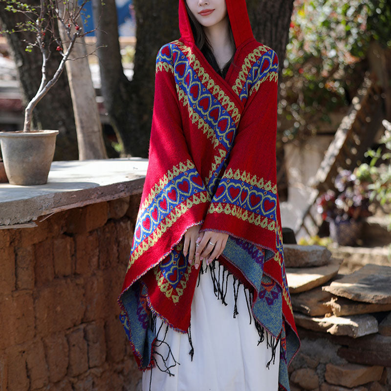 Mantón tibetano de Buddha Stones , capa con capucha y borla de corazón de amor rojo, bufanda de viaje acogedora para invierno