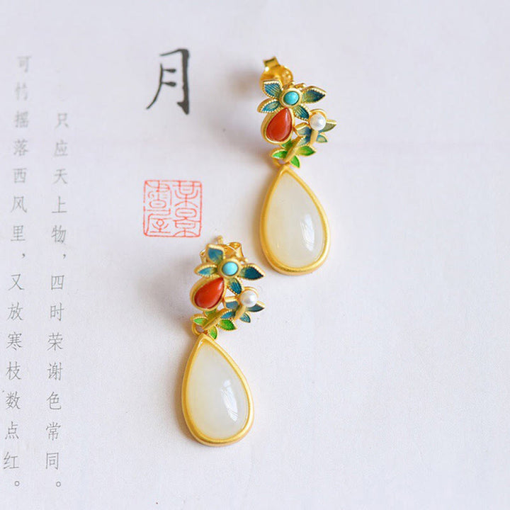 Pendientes colgantes con forma de gota de agua , Buddha Stones , Jade blanco, ágata roja, mariposa