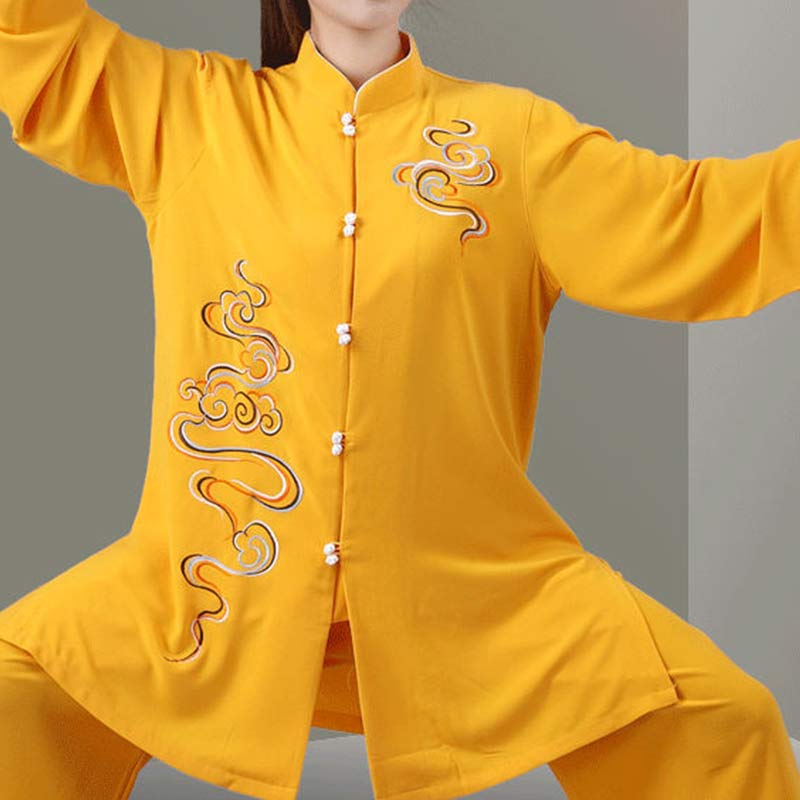 Conjunto de ropa unisex para práctica de meditación, tai chi, qigong, bordada, con nubes auspiciosas y Buddha Stones