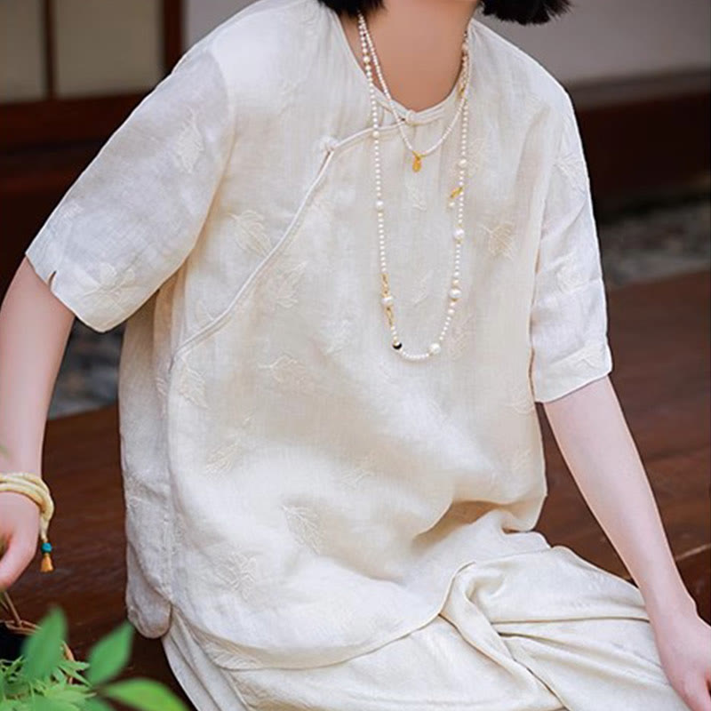 Blusa suelta de lino de ramio con Buddha Stones , camisa de manga corta, Top de estilo chino