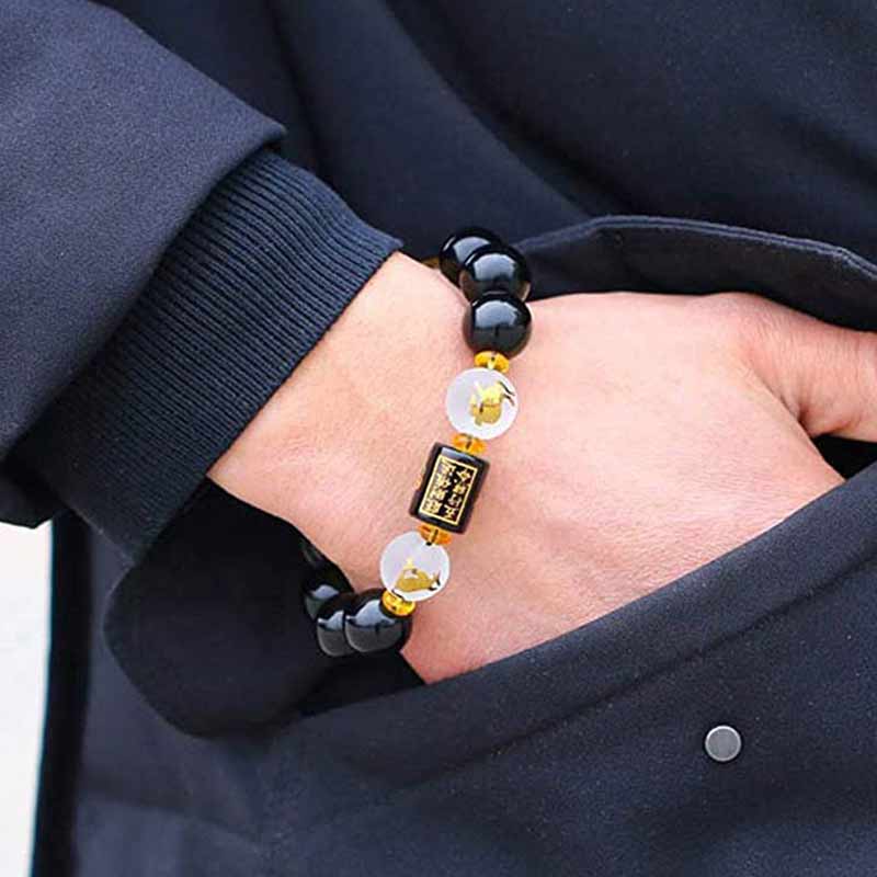 Pulsera de porsperidad de riqueza de cinco elementos de obsidiana Feng Shui del zodíaco chino con Buddha Stones