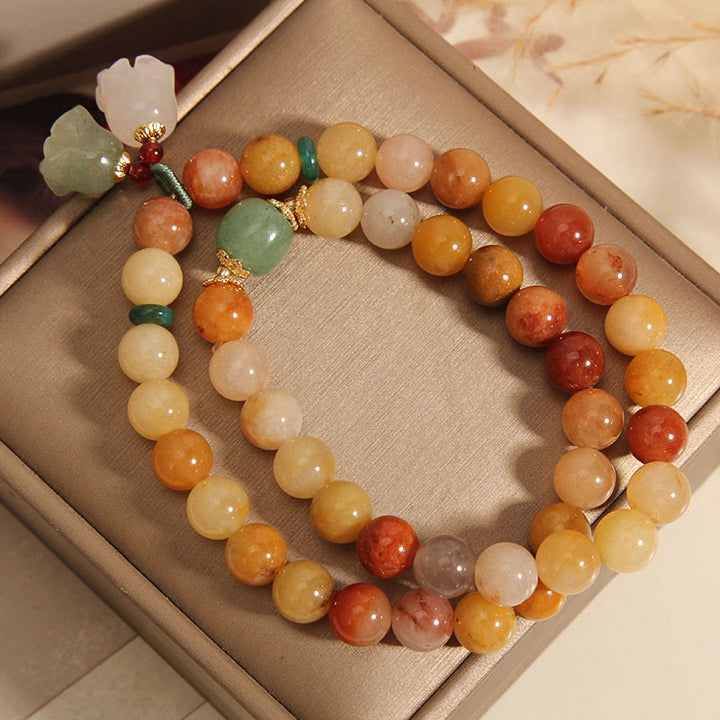 Pulsera de la suerte de orquídeas con campana de doble capa de Jade de seda dorada Natural del Tíbet con Buddha Stones