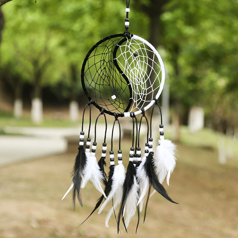 Atrapasueños Yin Yang, red circular con plumas, decoración de equilibrio