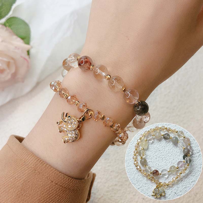 Pulsera con dijes de energía curativa de elefante de cuarzo rosa con Buddha Stones