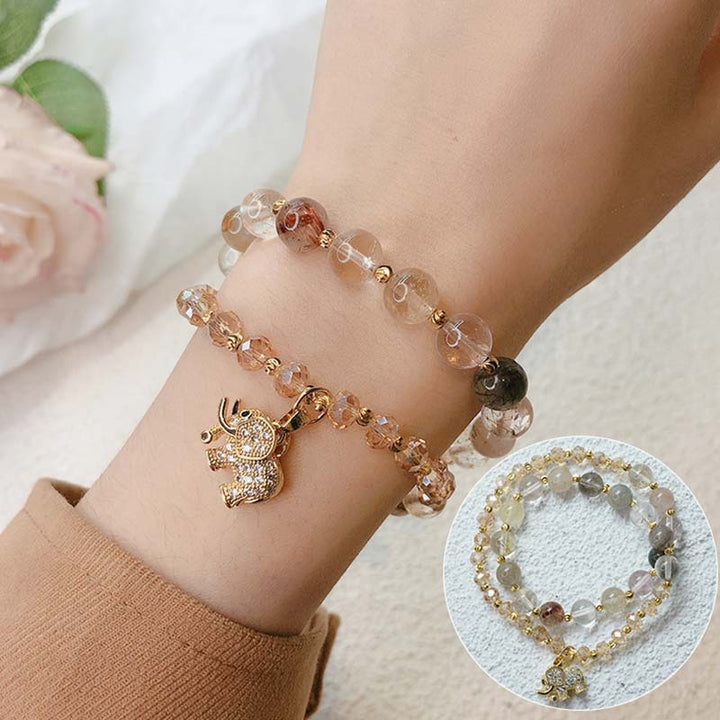 Pulsera con dijes de energía curativa de elefante de cuarzo rosa con Buddha Stones