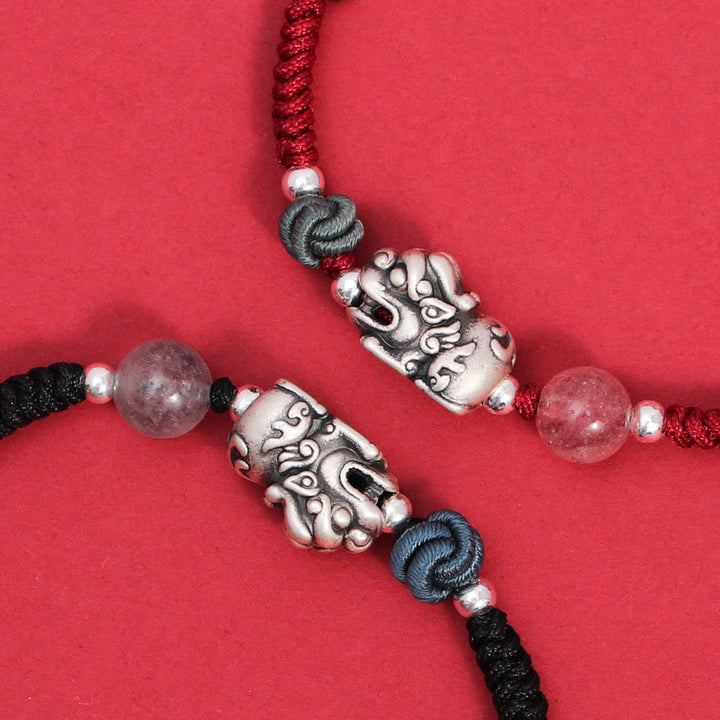Pulsera trenzada de plata de ley 999 con Buddha Stones PiXiu, cuentas de cuarzo fresa, riqueza y suerte