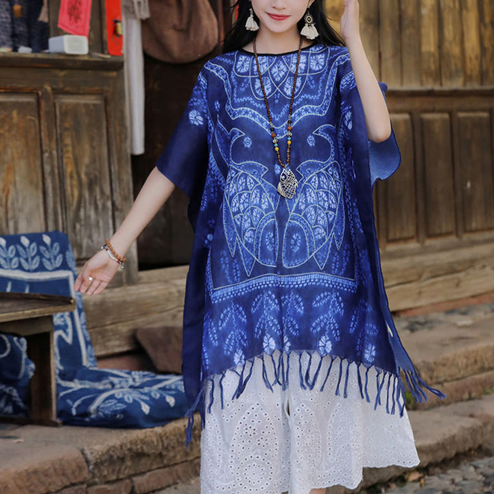 Jersey de viaje suave con borlas y chal de pez Koi teñido anudado azul con Buddha Stones 90*95cm