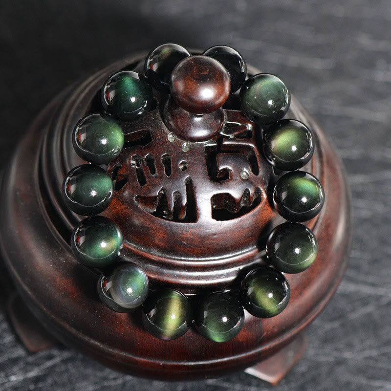 Pulsera de riqueza de obsidiana de ojo verde natural con Buddha Stones - image 2