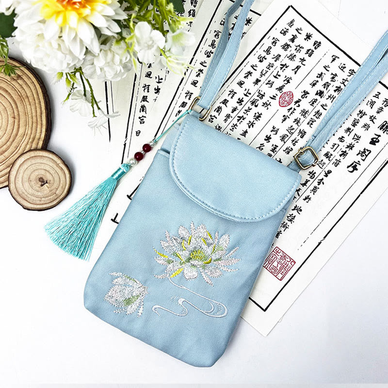 Bolso bandolera con flores bordadas pequeñas y Buddha Stones, bolso de hombro, bolso para móvil de doble capa