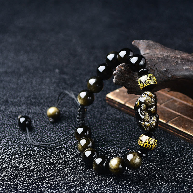 Pulsera trenzada de obsidiana con brillo de oro natural, Buddha Stones , PiXiu Om Mani Padme Hum, riqueza