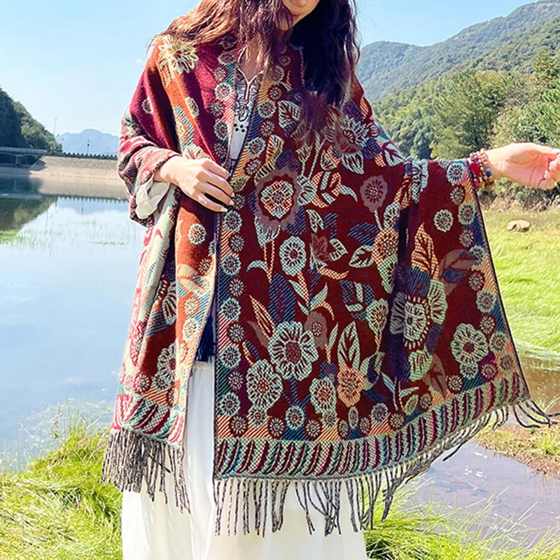 Bufanda de viaje acogedora con diseño de hojas florales y flores tibetanas de Buddha Stones