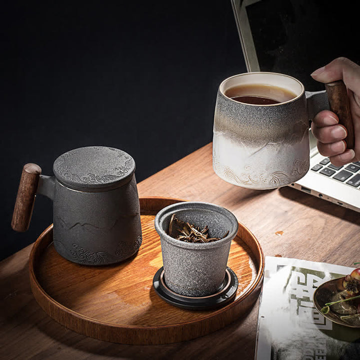 Tazas de té de cerámica vintage con diseño de Buddha Stones y piedras de montaña y mar