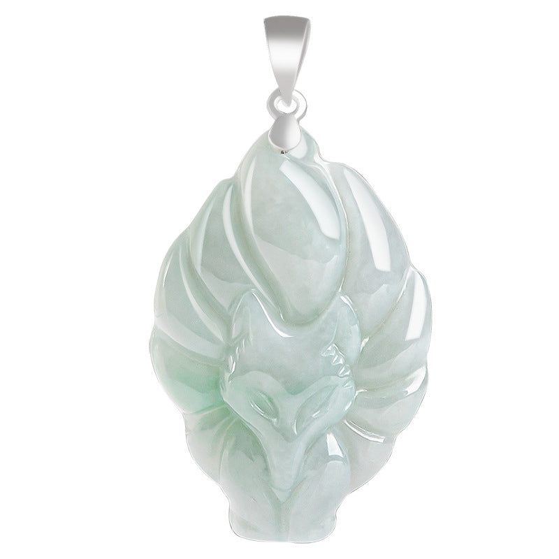 Colgante de collar de prosperidad de zorro de nueve colas de jade natural de plata de ley 925 con Buddha Stones