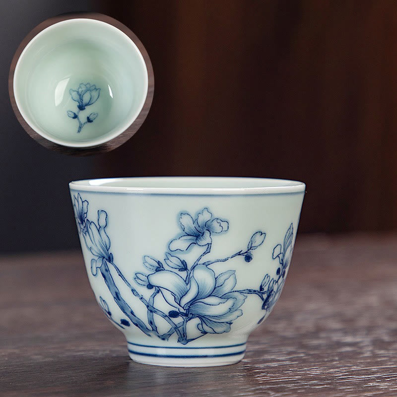 Taza de té de cerámica pequeña con Buddha Stones, paisaje azul, montañas, loto, lindos pabellones de gatos, Magnolia Reed Egrets, taza de té de Kung Fu