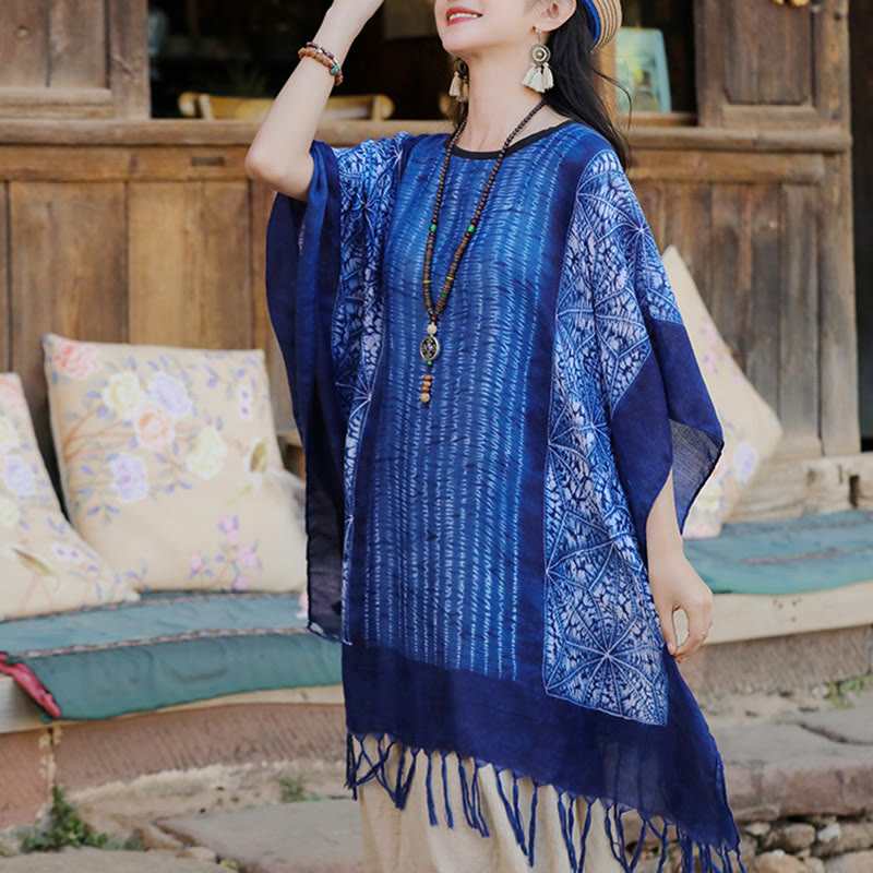 Jersey de viaje acogedor con borlas y chal Batik de rayas geométricas azules con Buddha Stones 90*95cm