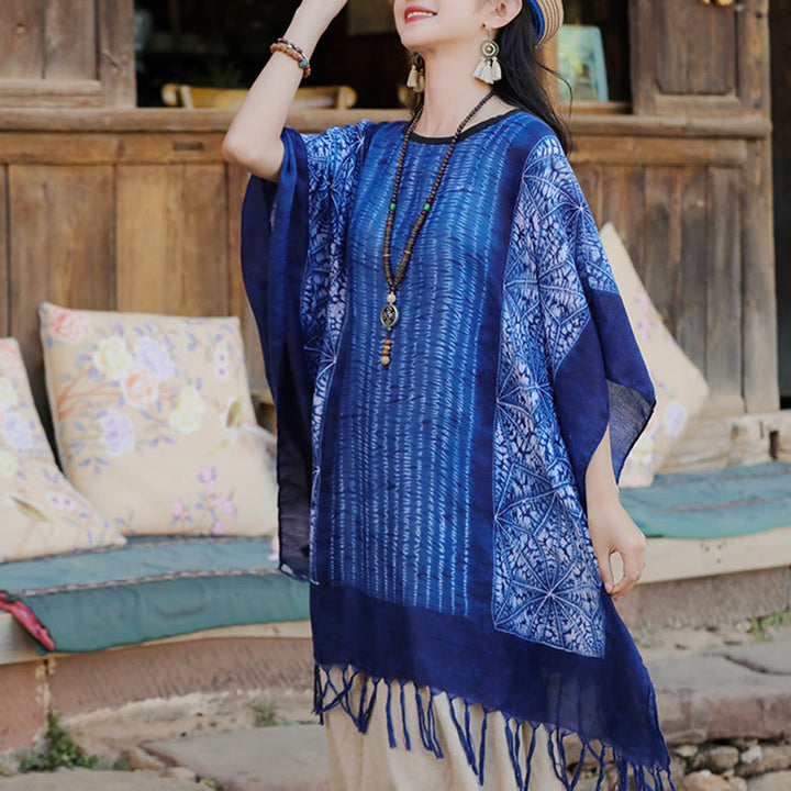 Jersey de viaje acogedor con borlas y chal Batik de rayas geométricas azules con Buddha Stones 90*95cm