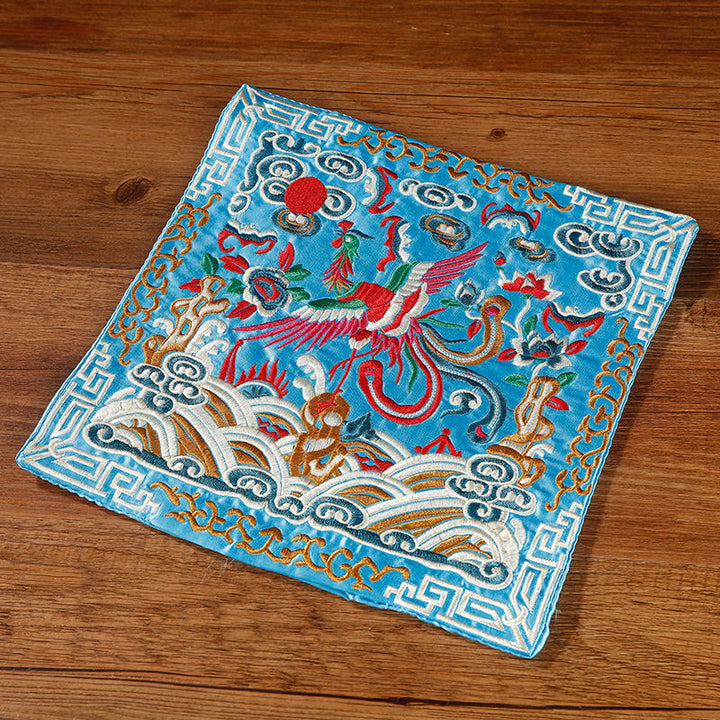 Tapete para tazas bordado con Buddha Stones, grulla, dragón Fénix, Kirin, posavasos para tazas de té, tapete para té cuadrado Kung Fu