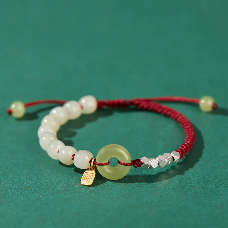 Pulsera de plata de ley 925 con hebilla de paz y jade hetiano con cuentas de suerte y felicidad