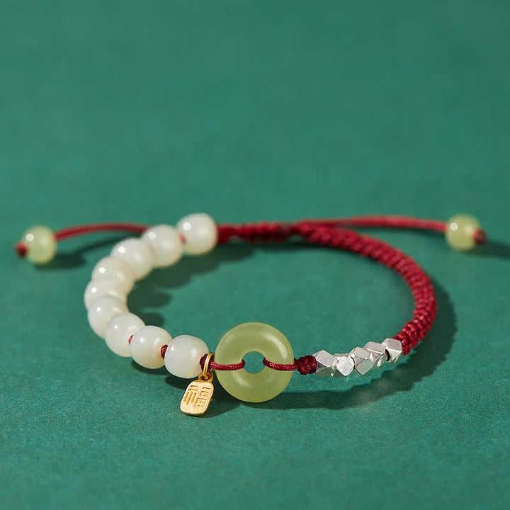 Pulsera de plata de ley 925 con hebilla de paz y jade hetiano con cuentas de suerte y felicidad