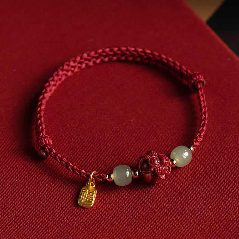 Pulsera de cuerda de la suerte con carácter de Jade Hetian del zodíaco chino cinabrio Natural de Buddha Stones