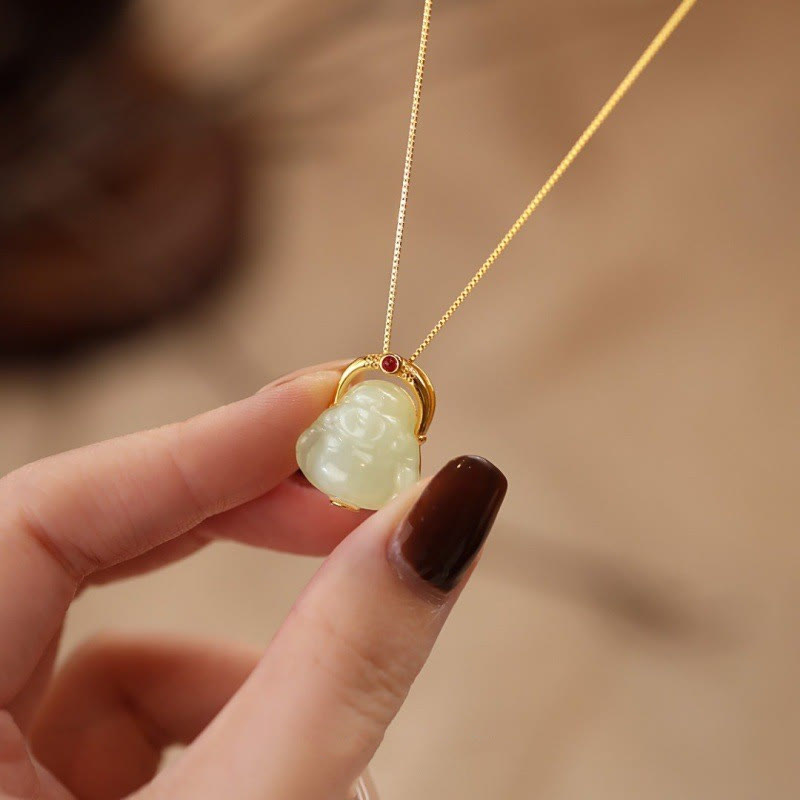 Buddha Stones de Plata de Ley 925, colgante de collar de cadena de abundancia de Buda sonriente de Jade Hetiano Natural - image 1