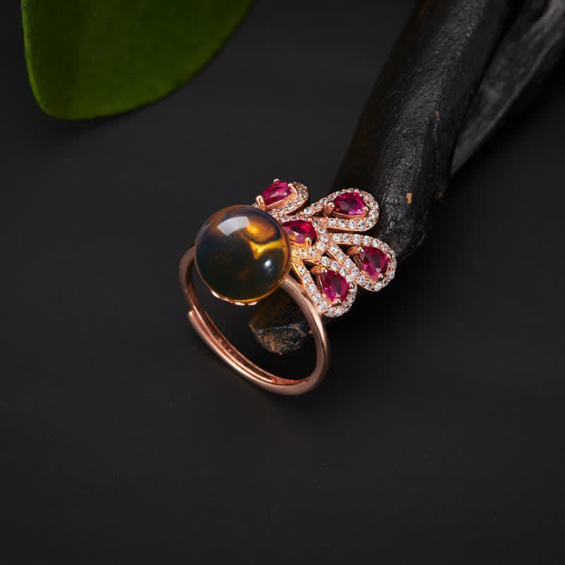 Anillo con colgante de collar de amor de fortuna de ámbar de pavo real