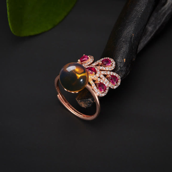 Anillo con colgante de collar de amor de fortuna de ámbar de pavo real