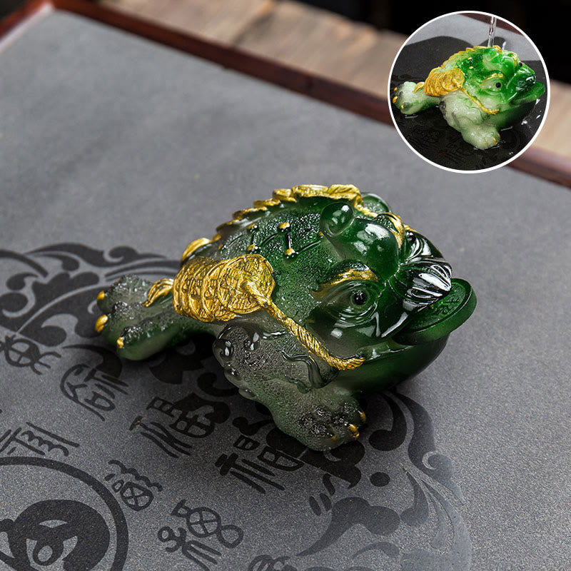 Buddha Stones que cambian de Color FengShui, riqueza, rana de la suerte, moneda de cobre, té, mascota, estatuilla de resina decorativa - Verde - 15,5 x 7,5 cm - image 10