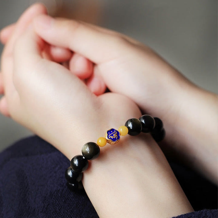 Pulsera de protección de la riqueza, Plata de Ley 925 con Buddha Stones , zodíaco chino, Buda natal, brillo de oro Natural, obsidiana, ámbar