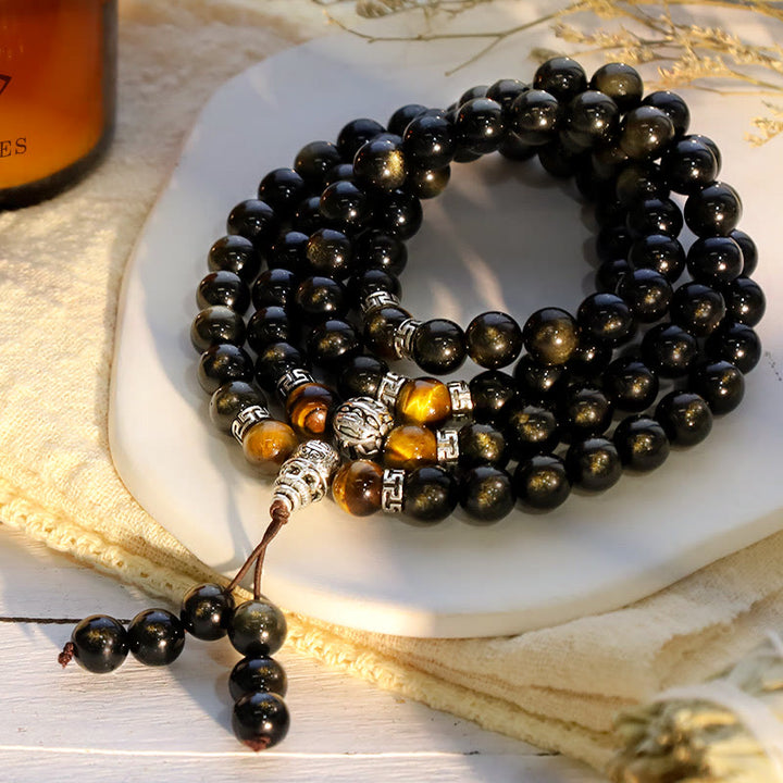 Collar Pulsera Energía Obsidiana Dorada